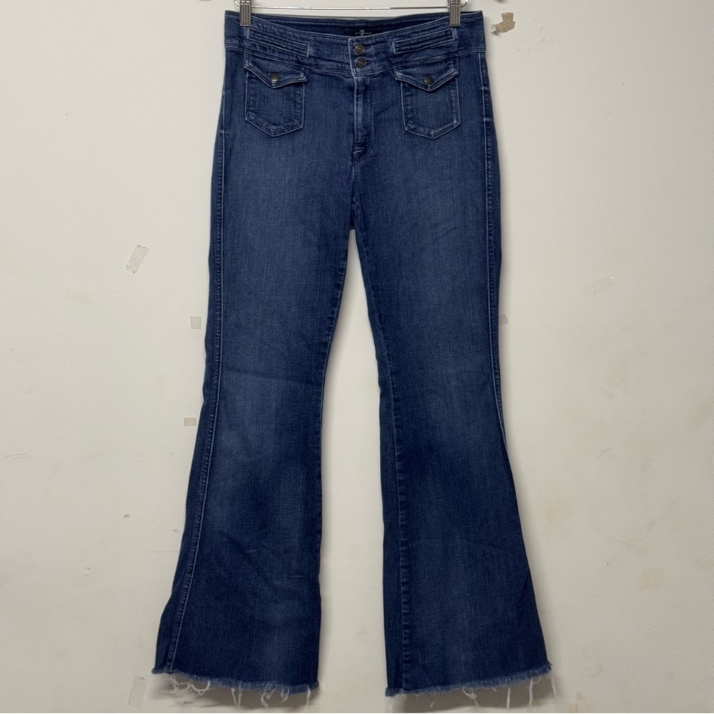 7 for All Mankind Flare Jeans Medium Wash Frayed Hem Denim 29